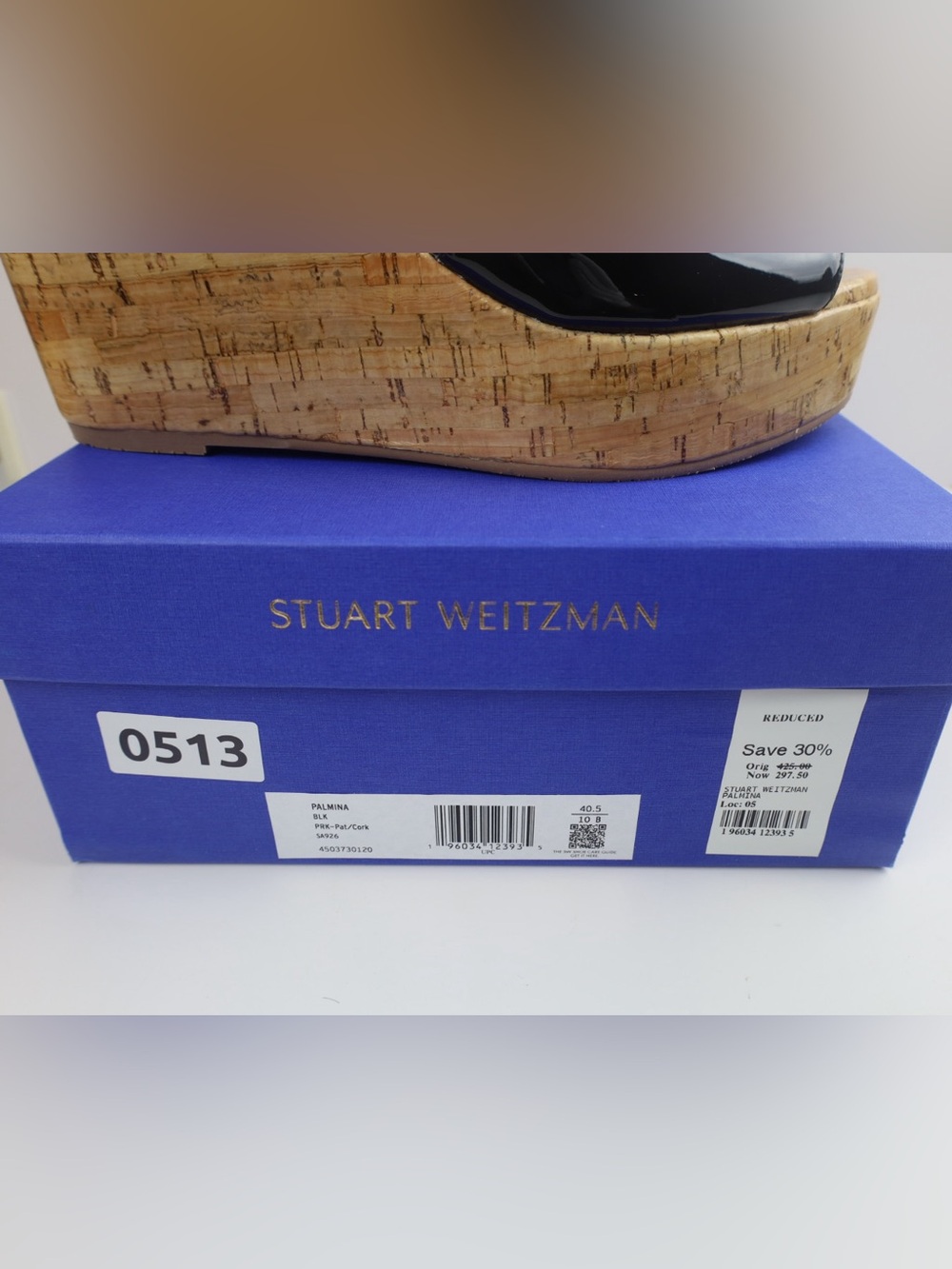 Stuart Weitzman Palmina Black Patent Leather Cork Wedge Sandal- 10- 0513 - Picture 12 of 13